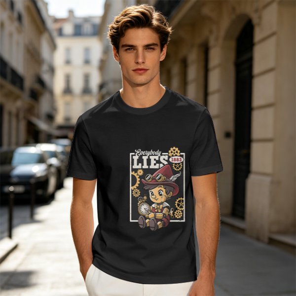 Olive t-shirt with steampunk Pinocchio 'Everybody Lies' graphic print