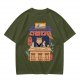 Olive T-Shirt with Cat Ramen Shop Artwork