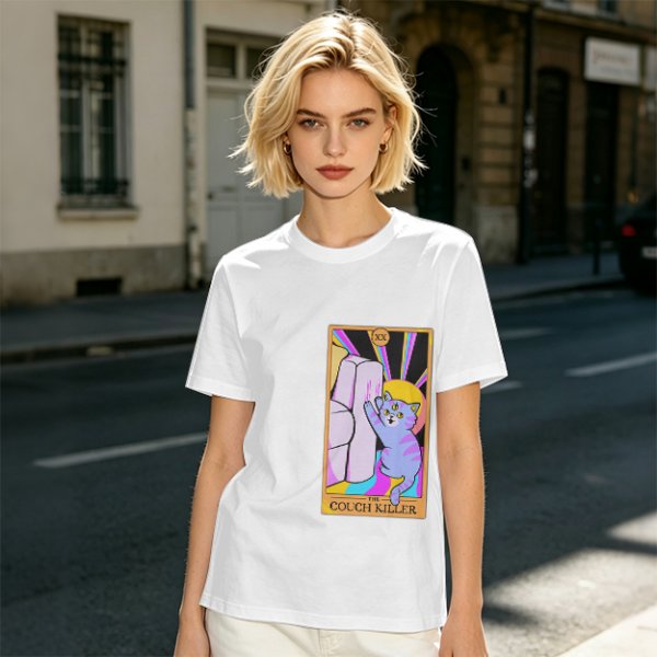 Olive green t-shirt with three-eyed cat couch killer tarot-style graphic