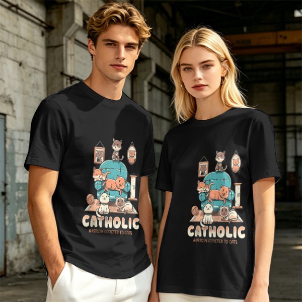 Olive T-Shirt With Funny Cat Graphic 'Catholic' Print