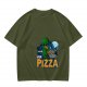 Olive Green T-Shirt with Alien Eating Pizza UFO Graphic