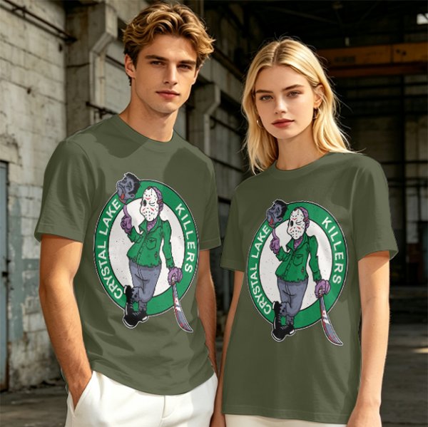 Army Green T-Shirt with Crystal Lake Killers Jason Voorhees Graphic