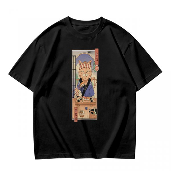 Olive T-Shirt with Japanese Style Sushi Chef Cat Print