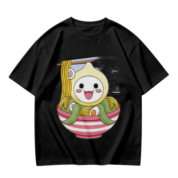 Owl-like character in ramen bowl graphic olive green t-shirt