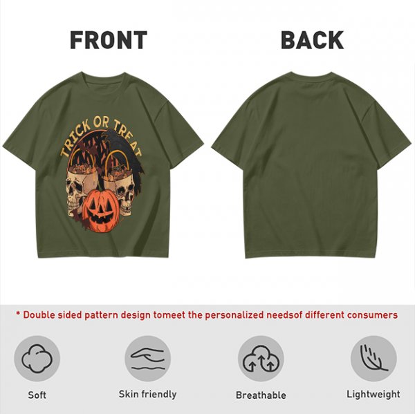 Olive Halloween Trick or Treat Skull Jack-o'-lantern Graphic T-Shirt