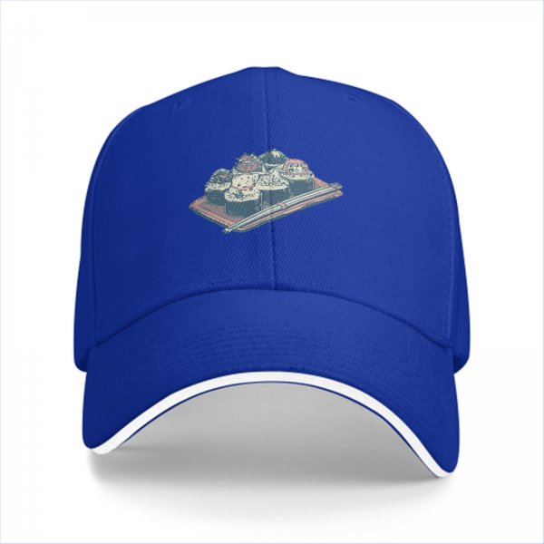 Black Baseball Cap with Sushi Tray Graphic Print