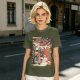 Olive green graphic tee with retro masked rider ramen motorcycle art