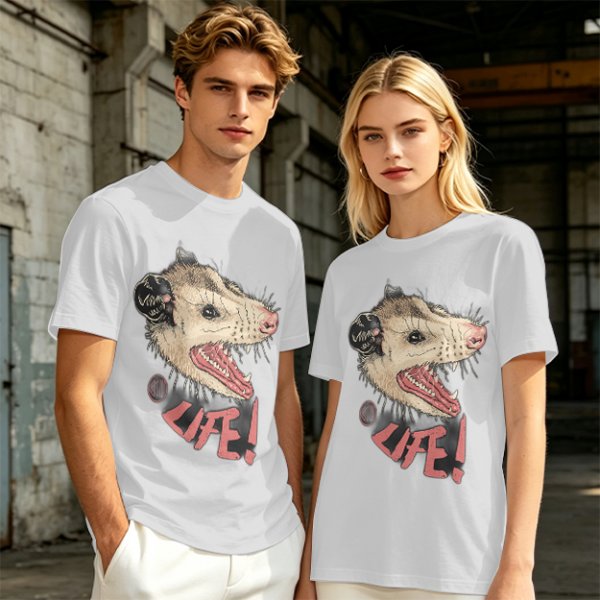 Olive T-Shirt With Aggressive Opossum 'LIFE!' Graphic Print