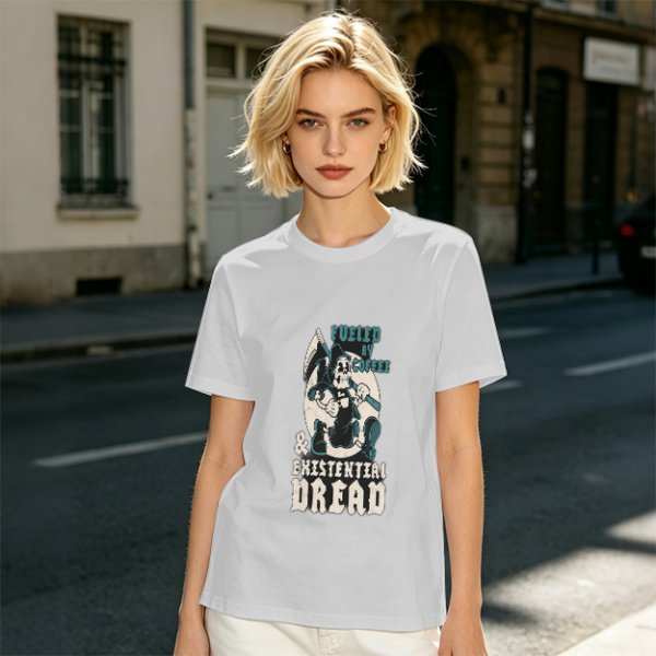 Olive graphic t-shirt with 'Fueled by Coffee & Existential Dread' grim reaper print