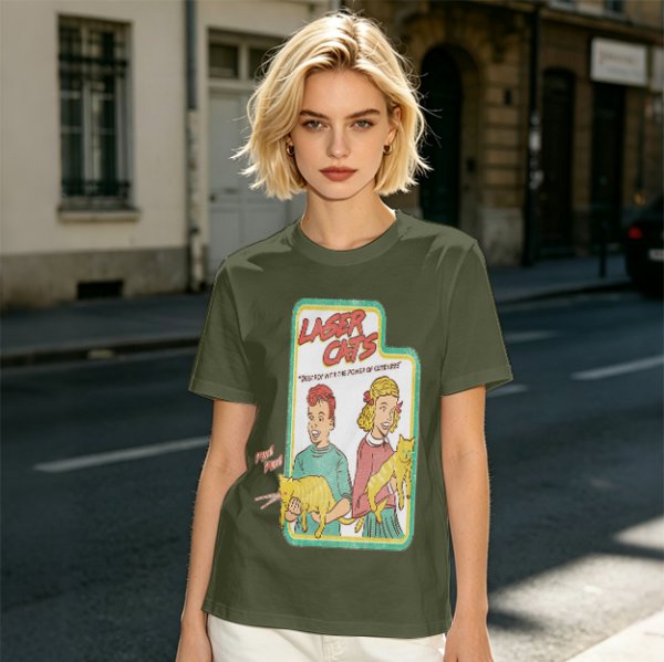 Olive graphic tee with Laser Cats retro comic print of kids holding laser cats