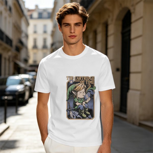 Olive t-shirt with The Cartridge of Time elf character print