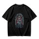 Olive green t-shirt with retro robot monster city attack graphic