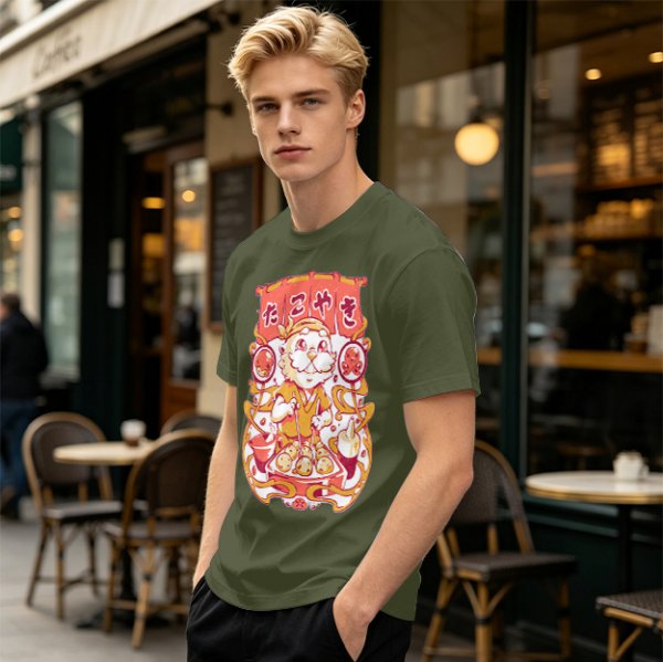 Olive T-Shirt with Cute Takoyaki Chef Graphic Print