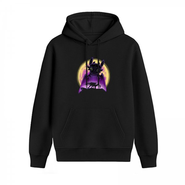 Black hoodie featuring Toothless the Night Fury against a glowing moon