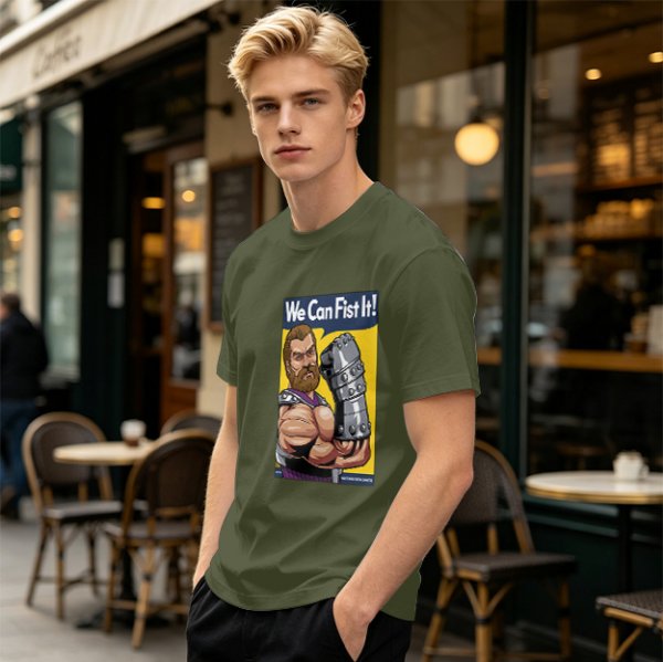 Olive graphic t-shirt with We Can Fist It! armored warrior print