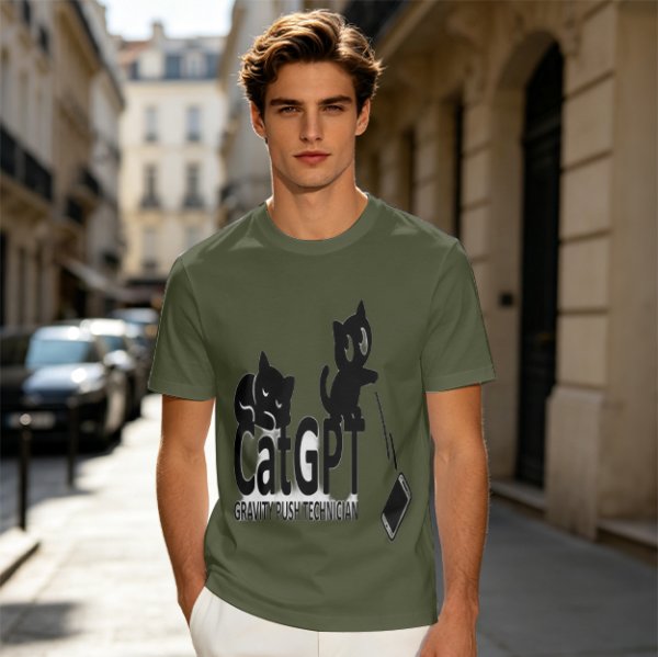 Olive green graphic t-shirt with CatGPT and mischievous cat prints