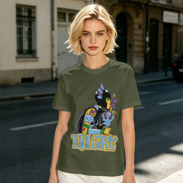 Olive T-shirt with Evil Girl Graphic Print