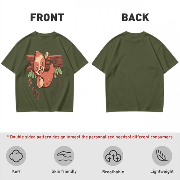 Olive T-Shirt with Cute Sloth 'It Gets Better' Graphic Print