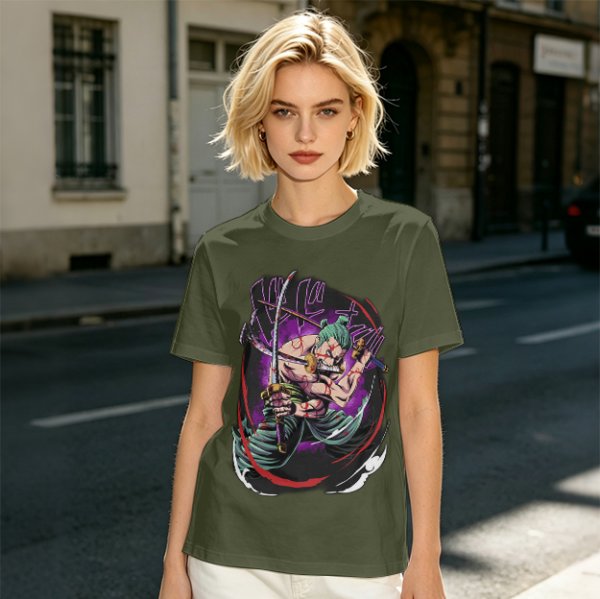 Olive T-shirt with One Piece Roronoa Zoro Three Sword Style Print