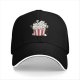 Black baseball cap with cute cat popcorn bucket graphic
