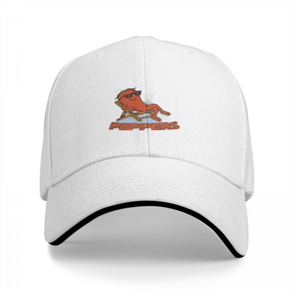 Black baseball cap with a relaxed cartoon pepper graphic and text