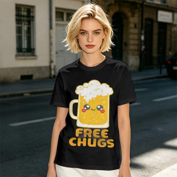 Olive Green T-Shirt With Cute Kawaii Beer Mug Free Chugs Print