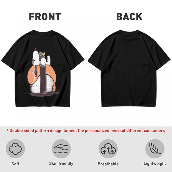 Olive t-shirt with Snoopy and Woodstock sushi print