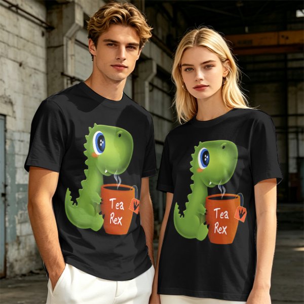 Olive green t-shirt with cute Tea Rex dinosaur holding a steaming tea mug