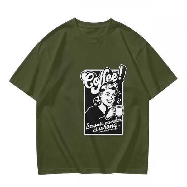 Olive T-Shirt with Retro Coffee Murder Pun Graphic