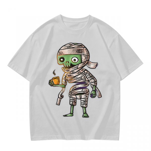 Olive T-Shirt With Cute Mummy Holding Hot Coffee Print