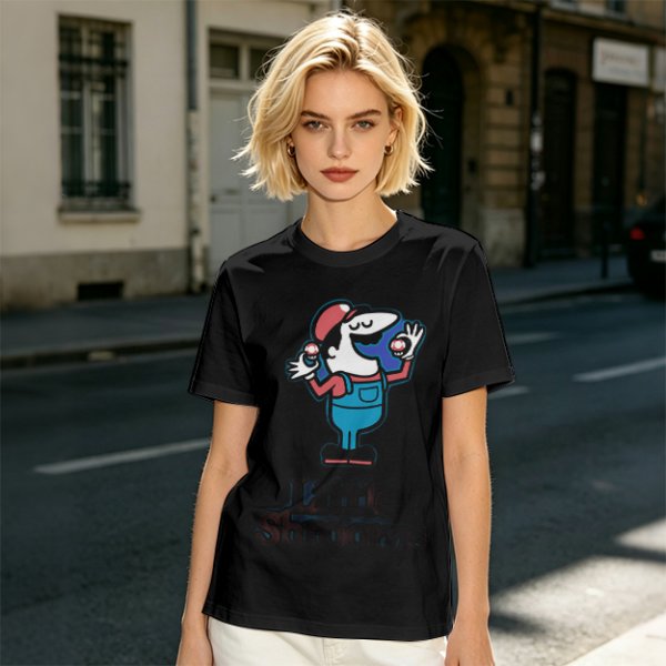Olive T-shirt with Cartoon Character Holding Mushrooms Print