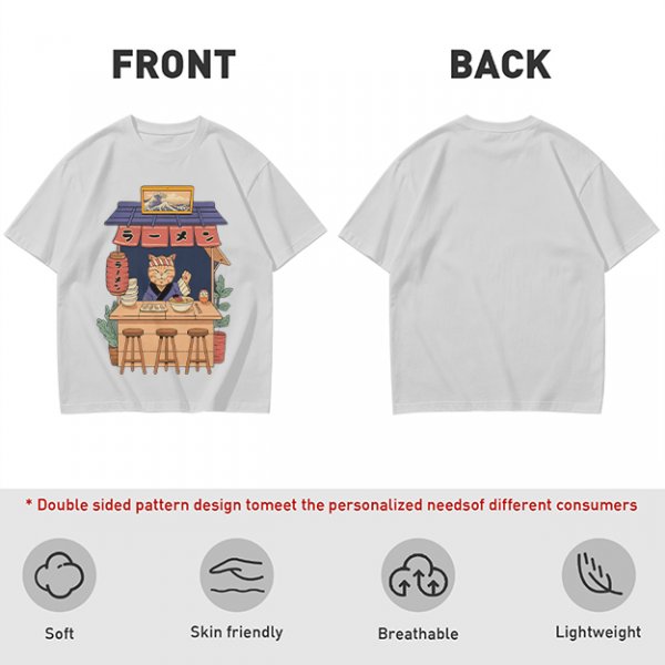 Olive T-Shirt with Cat Ramen Shop Artwork