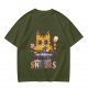 Olive T-Shirt With Cat Eating Snacks Frequent Snacks Print