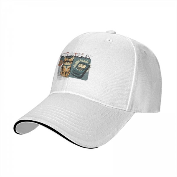 Black baseball cap with retro grumpy tabby cat and old mobile print