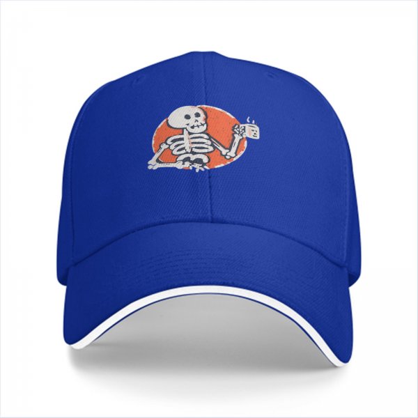 Black baseball cap with skeleton holding coffee cup graphic
