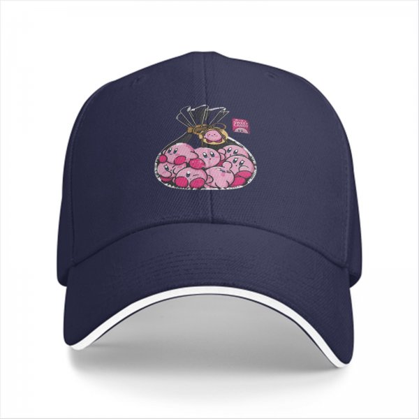 Black baseball cap with a bag of cute pink Kirby characters print