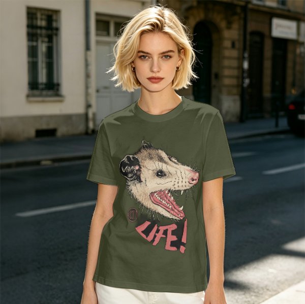 Olive T-Shirt With Aggressive Opossum 'LIFE!' Graphic Print