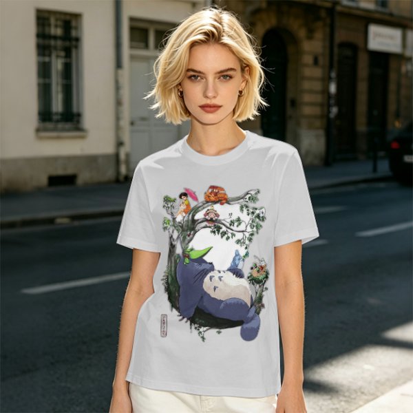 Olive green t-shirt with My Neighbor Totoro forest scene print
