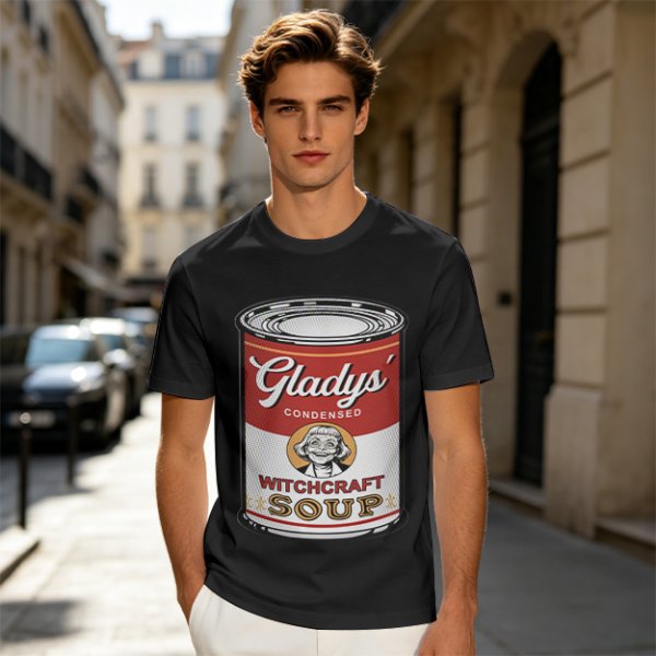 Olive T-Shirt With Gladys' Witchcraft Soup Can Graphic