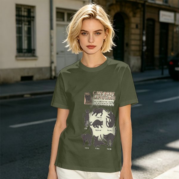 Olive T-Shirt With Cat Body Language Illustrations