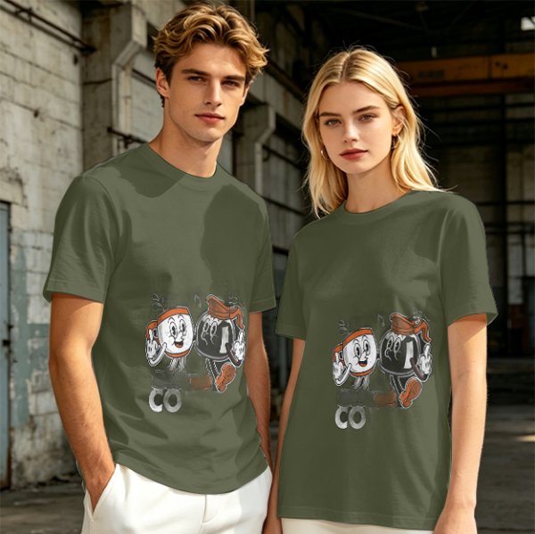 Olive T-Shirt with Retro Cartoon Coffee Cup Characters Graphic
