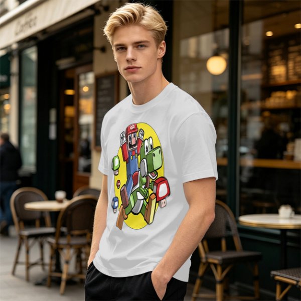 Olive T-shirt with Block Style Mario Riding Yoshi and Mushroom Graphics