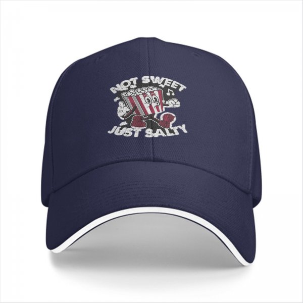 Black baseball cap with 'Not Sweet Just Salty' dancing popcorn graphic