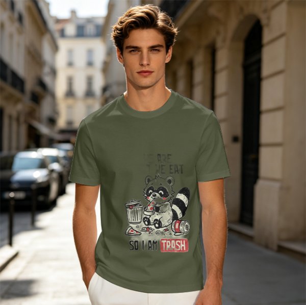 Olive T-Shirt With Raccoon Eating Pizza Trash Print Design