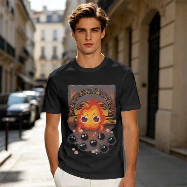 Olive t-shirt with Calcifer and soot sprites graphic print