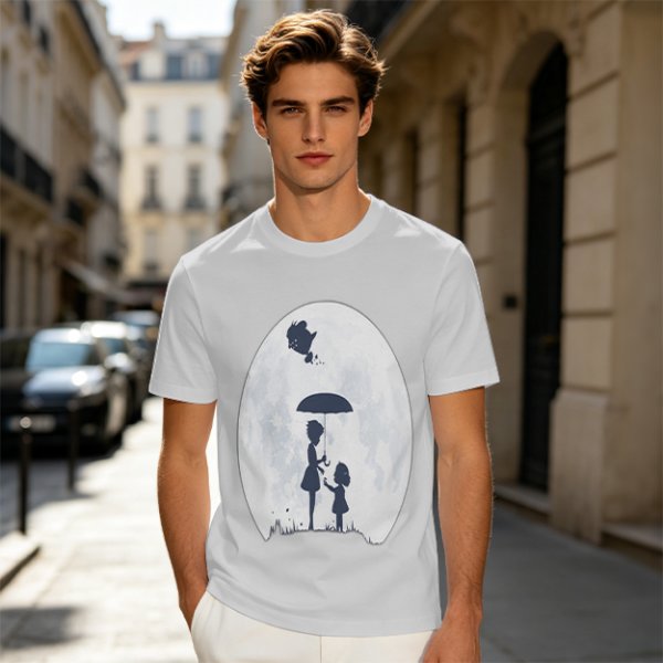 Olive T-Shirt With Moon Silhouette Of Two Children And Umbrella