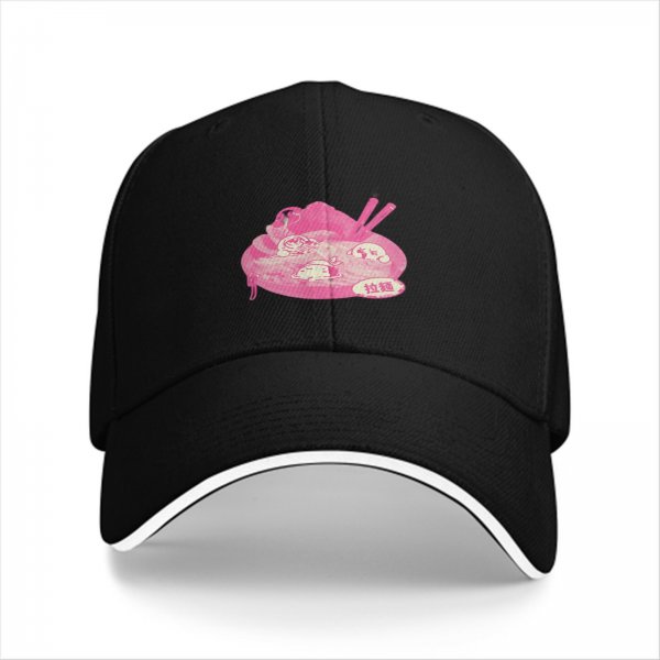 Black baseball cap with pink ramen bowl graphic design