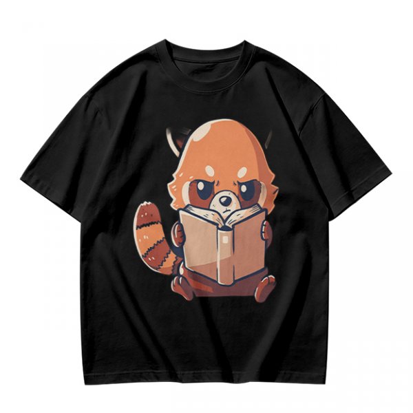 Olive T-Shirt with Cute Red Panda Reading Book Graphic