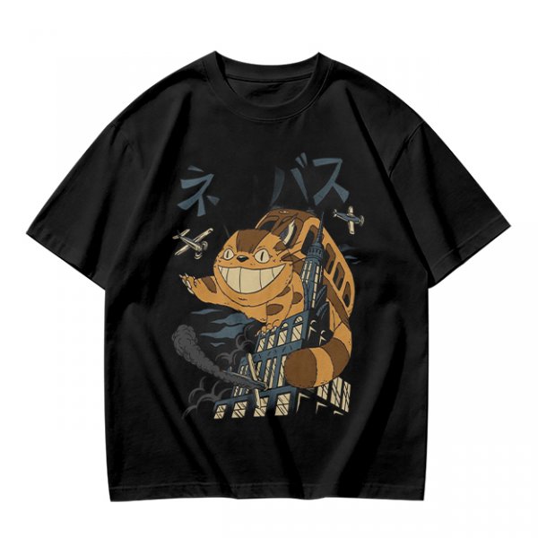 Olive T-shirt with giant cat bus monster and vintage planes graphic