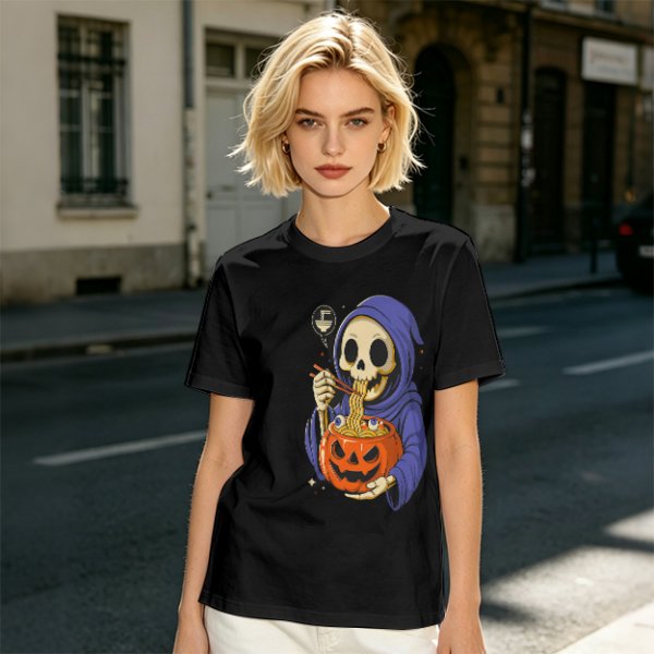 Grim Reaper Eating Ramen from Jack-o'-lantern Pumpkin Bowl T-Shirt